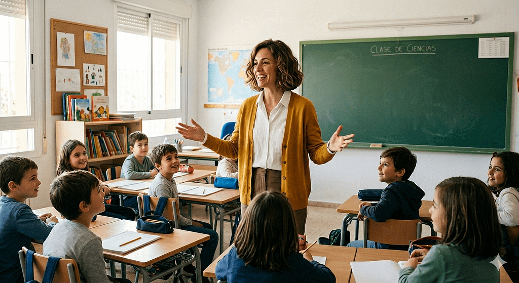 docente de primaria explicando sin pantallas