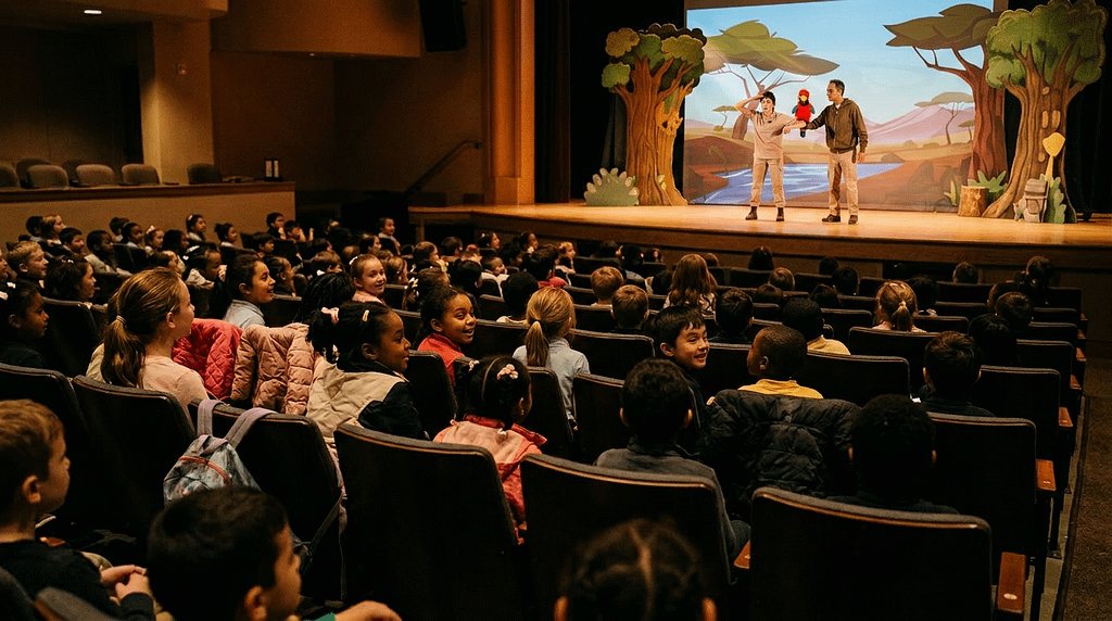 cuando reservar teatro ingles colegios espana Niños de primaria viendo una obra de teatro en inglés en un colegio de España
