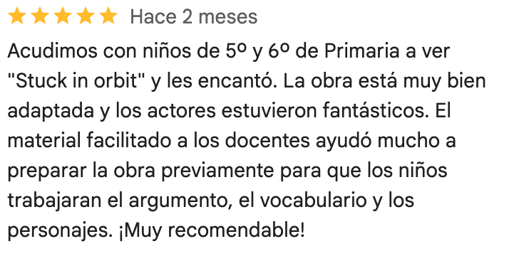 valoración de la obra de teatro en Inglés para quinto y sexto de primaria "stuck in orbit" de Joyful Education para un colegio de Madrid: CEIP Joan Miro, Leganés, Madrid