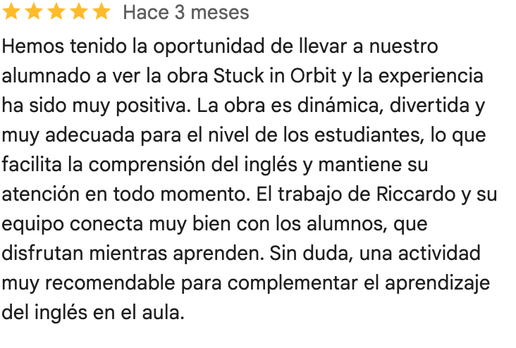 Screenshot 2026 04 06 at 15.55.42 Teatro para colegios madrid valoración de la obra de teatro en Inglés "stuck in orbit" de Joyful Education para un colegio de Madrid: CEIP Maestro Padilla, Carabanchel, Madrid